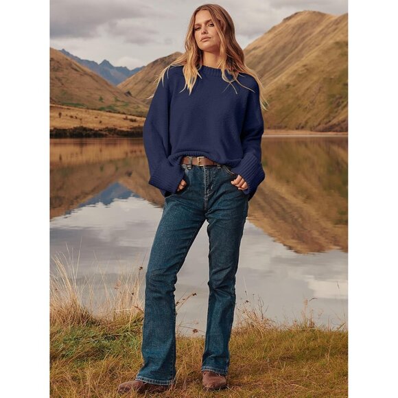 Women's Oversized Sweater Fuzzy Navy Blue Long Sleeve Casual Chunky Pullover - Picture 7 of 8